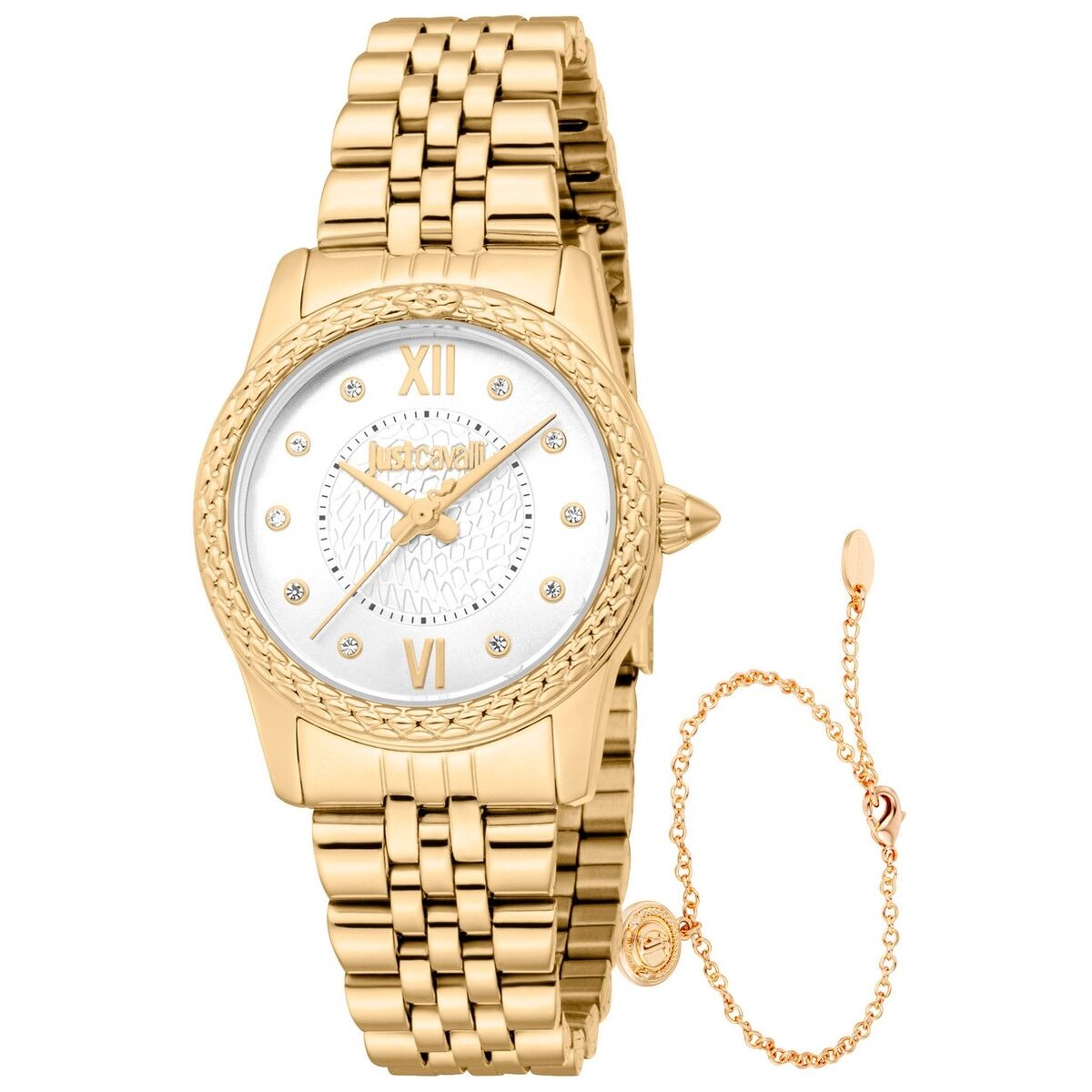 ceas dama just cavalli animalier special pack + bracelet auriu* (diam. 30 mm)